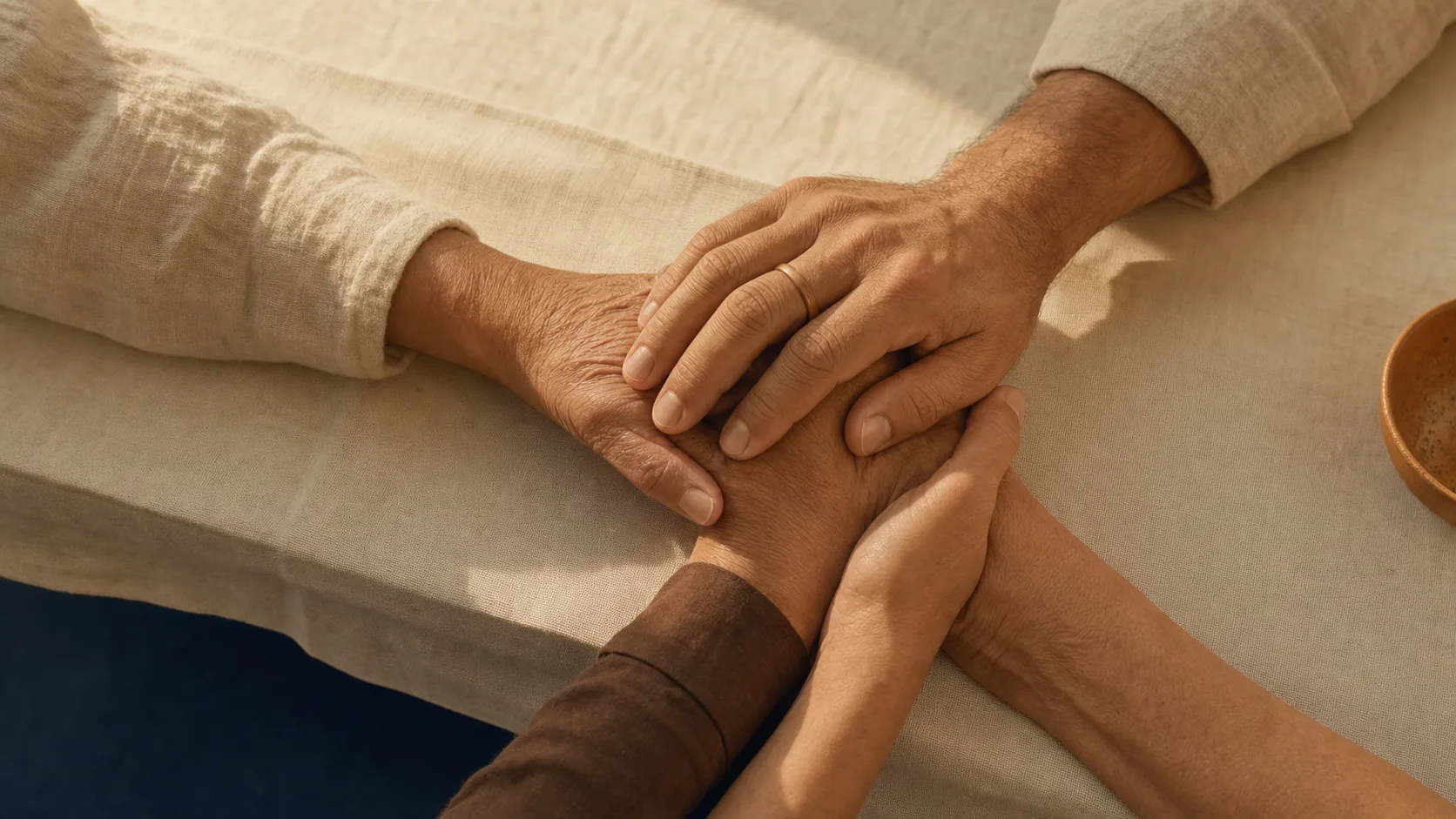 Three sets of hands resting on a cream linen table in warm light, anonymous family detail representing reconnection
