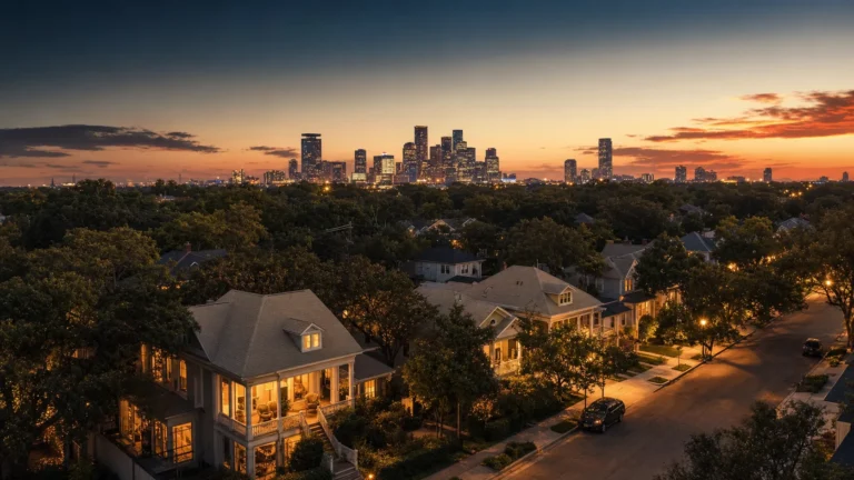 Aerial view of the Houston Heights neighborhood at dusk with warm streetlamps, oak canopies, and downtown Houston skyline on the horizon