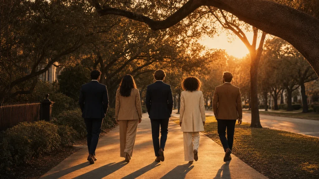 Group of mentors walking together away from camera at golden hour along a quiet Houston street, anonymous editorial composition