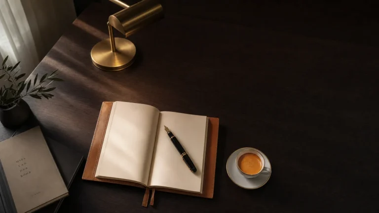 Top-down view of an open tan leather notebook with a black-and-brass fountain pen, an espresso, and a brass desk lamp on a dark walnut desk in warm window light