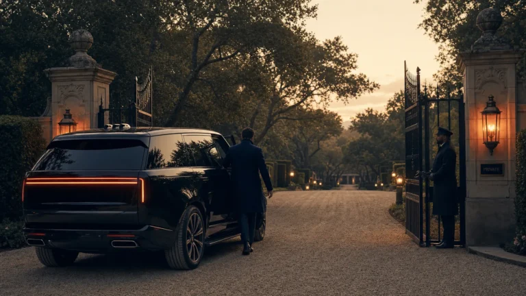 Black luxury SUV at a private estate gate at warm dawn, a discreet companion in a navy coat stepping out, brass lanterns lit, oak trees overhead