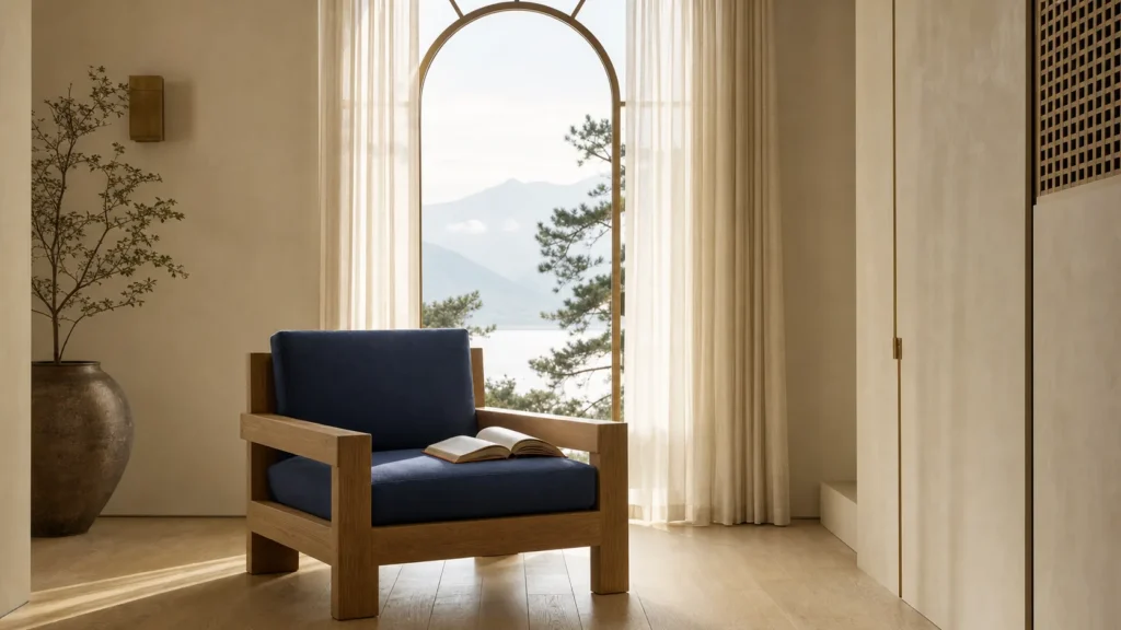 A single oak-framed chair facing a tall window with cream linen curtain and warm afternoon light, no people, contemplative composition