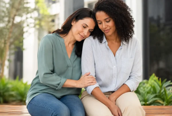 Two women talking on a bench outdoors, one comforting the other