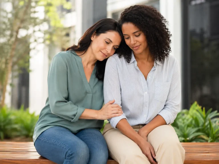 Two women talking on a bench outdoors, one comforting the other